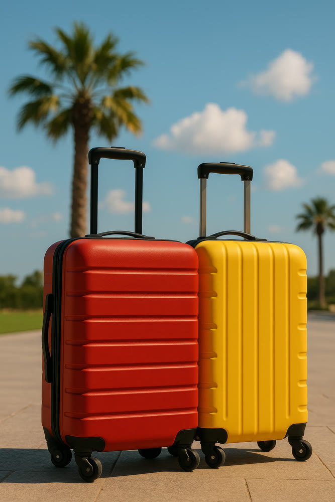 Bright bags on sunny boardwalk. Fashionable carryons ready for sunny escape to coast with style