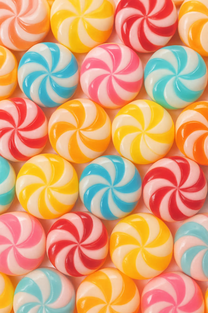 Colorful jar showcasing lively peppermint candies with spiral designs and excellent lighting