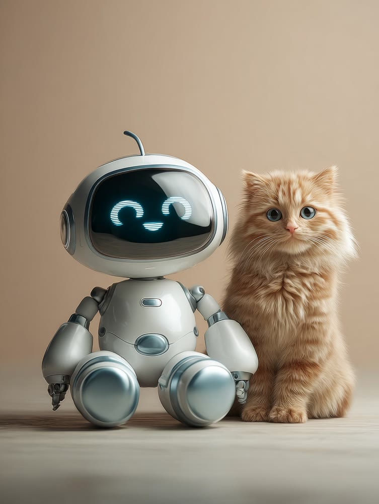 Automaton featuring cheerful expression positioned beside calm orange tabby in cozy home environment