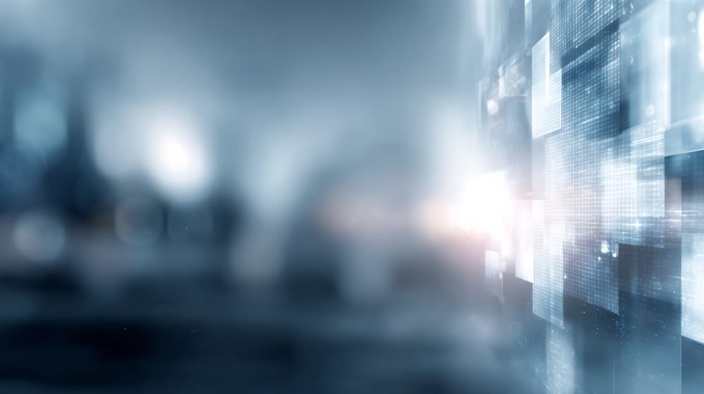 Abstract urban scene with data flow, Futuristic city with floating data blocks and glass structures