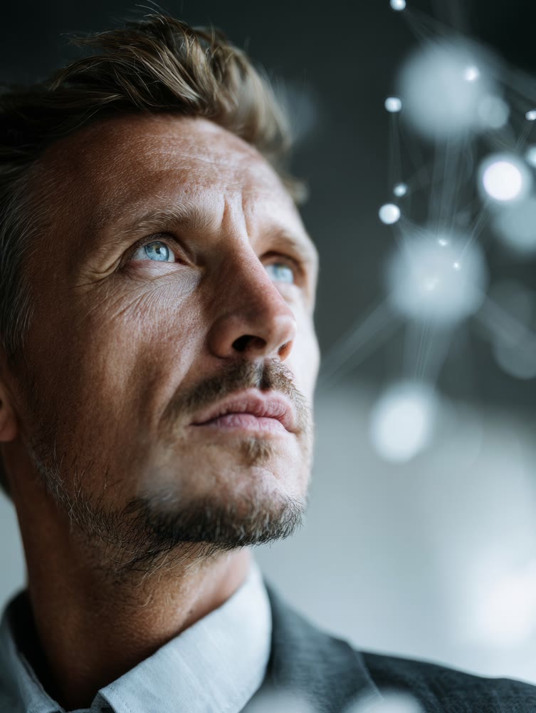 Contemplative executive considering new strategies for startup development and product planning