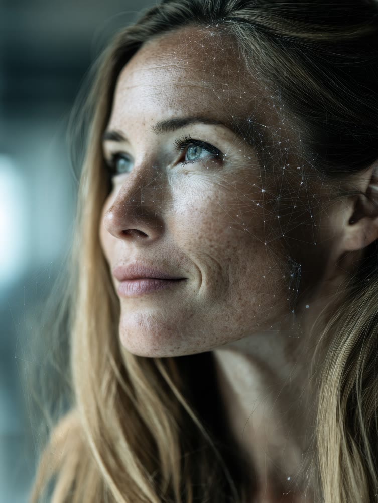 Thoughtful woman showcasing textured skin details, Examination of skin texture with warm clinical lighting