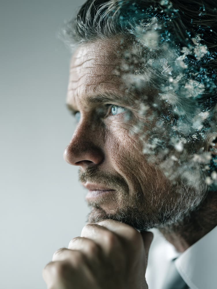 Calm male executive analyzing options with serene and optimistic attitude at softly lit window