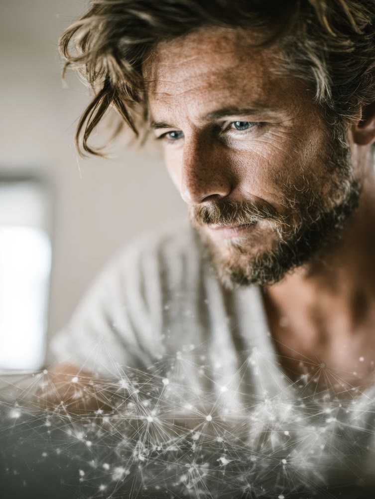 Inquisitive scientist looks up, Curious individual studies particles amid focused environment with glasses