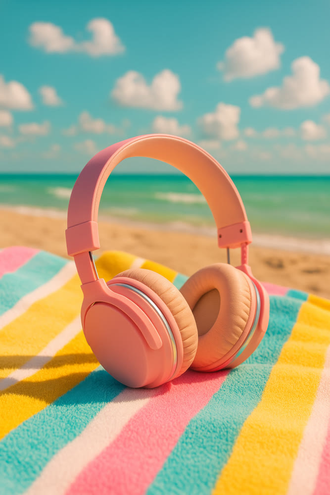 Vivid striped fabric with headphones. Sunny beach setting with relaxing summer accessories