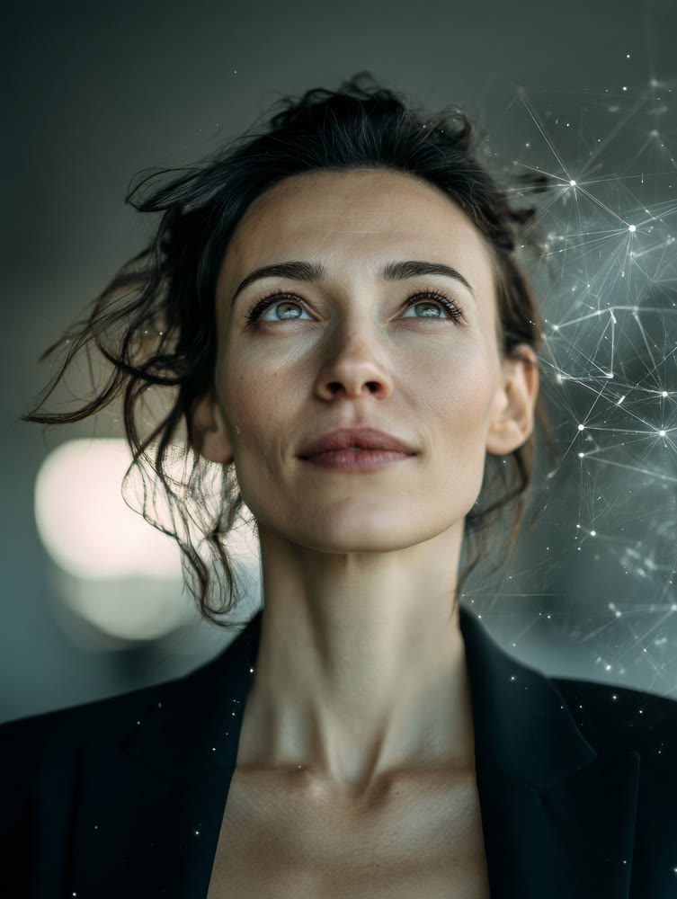 Female executive visualizing innovative solutions surrounded by abstract nodes and glowing bokeh effects