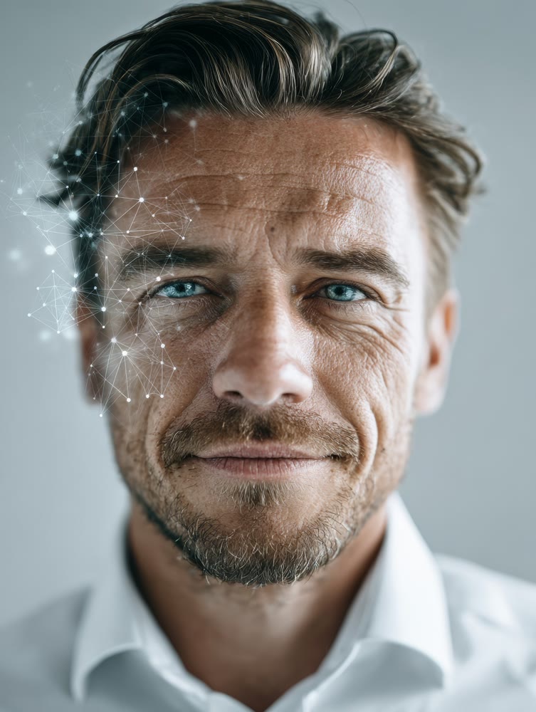 Focused researcher studying light mapping details, Contemplative man analyzing data particles on his cheek