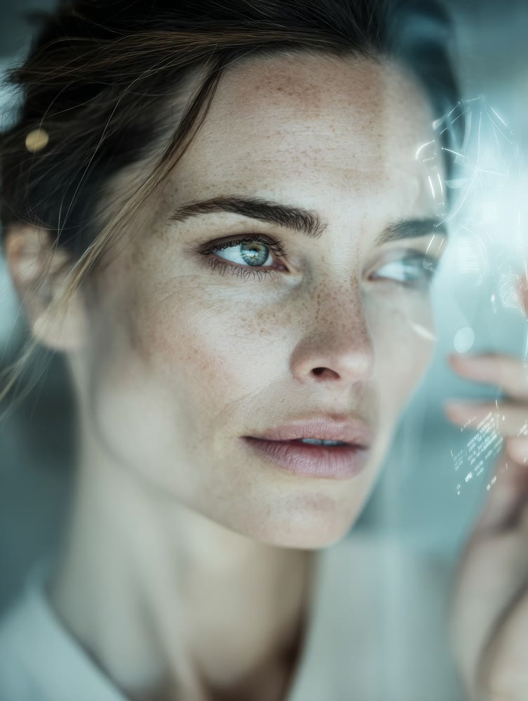 Cinematic shot capturing woman reviewing storyboards with serene and introspective expression