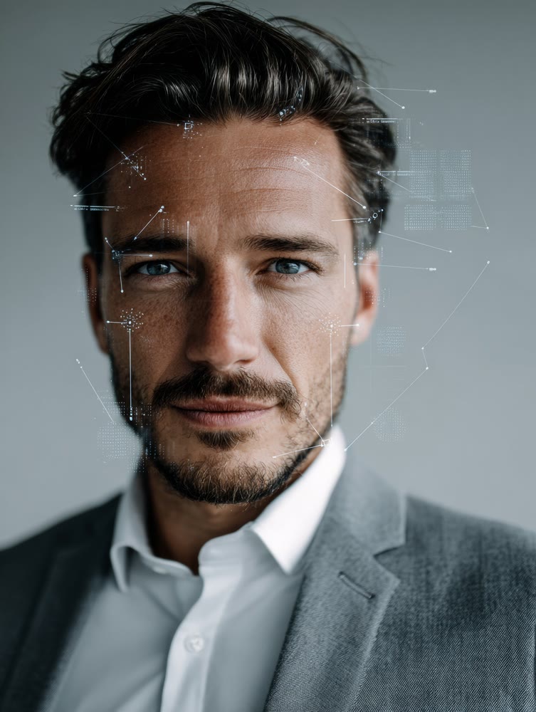 Business professional utilizes AR technology for detailed face examinations under specific lighting