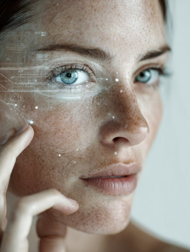 Intimate portrait of woman undergoing comprehensive facial texture assessment with soft illumination