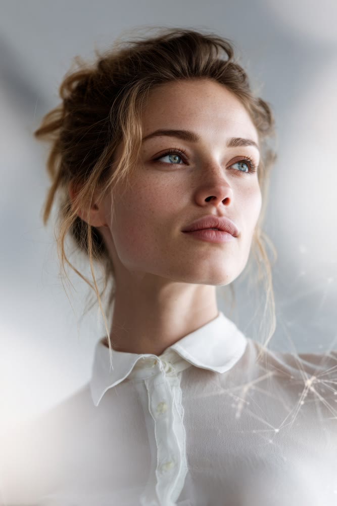 Creative woman gazes into bright sky, Optimistic woman with airy hair explores new ideas confidently