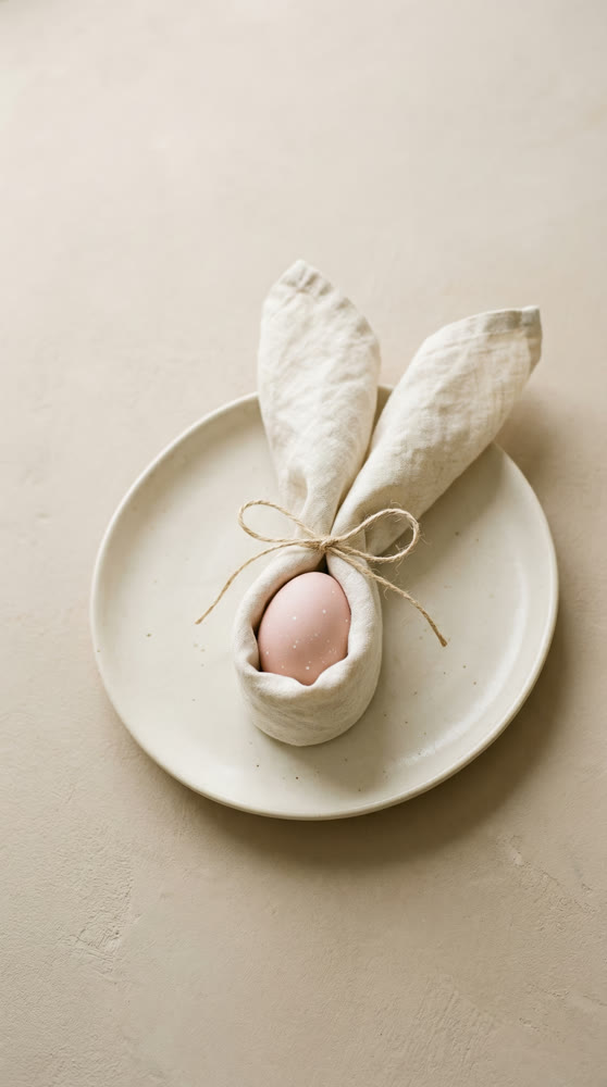 A simple, handmade Easter card. Napkin ears in the shape of an Easter bunny, a simple embellishment