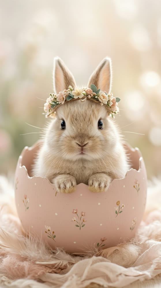 A happy fluffy bunny in a flower wreath, painted with an Easter egg. Concept for celebrating Easter.