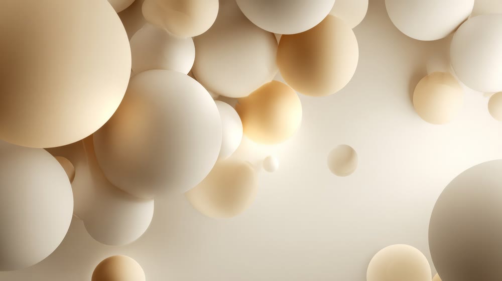 Gentle floating spheres, Beige globes hover in space, Three dimensional beige orbs drift gracefully